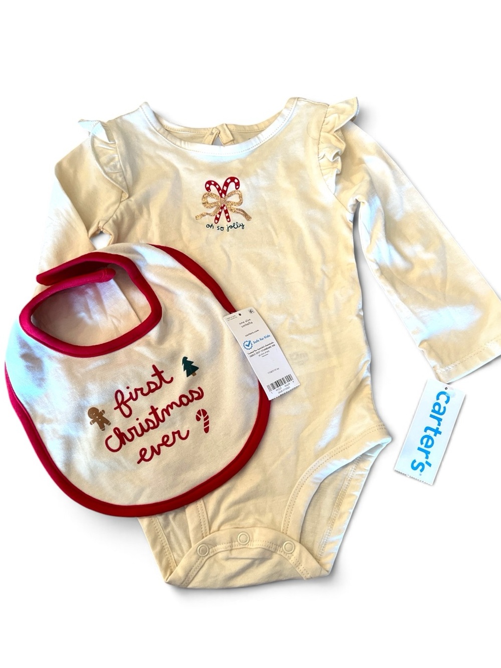 Carter's Cream Long-Sleeve Bodysuit with Red-Trim Holiday Bib